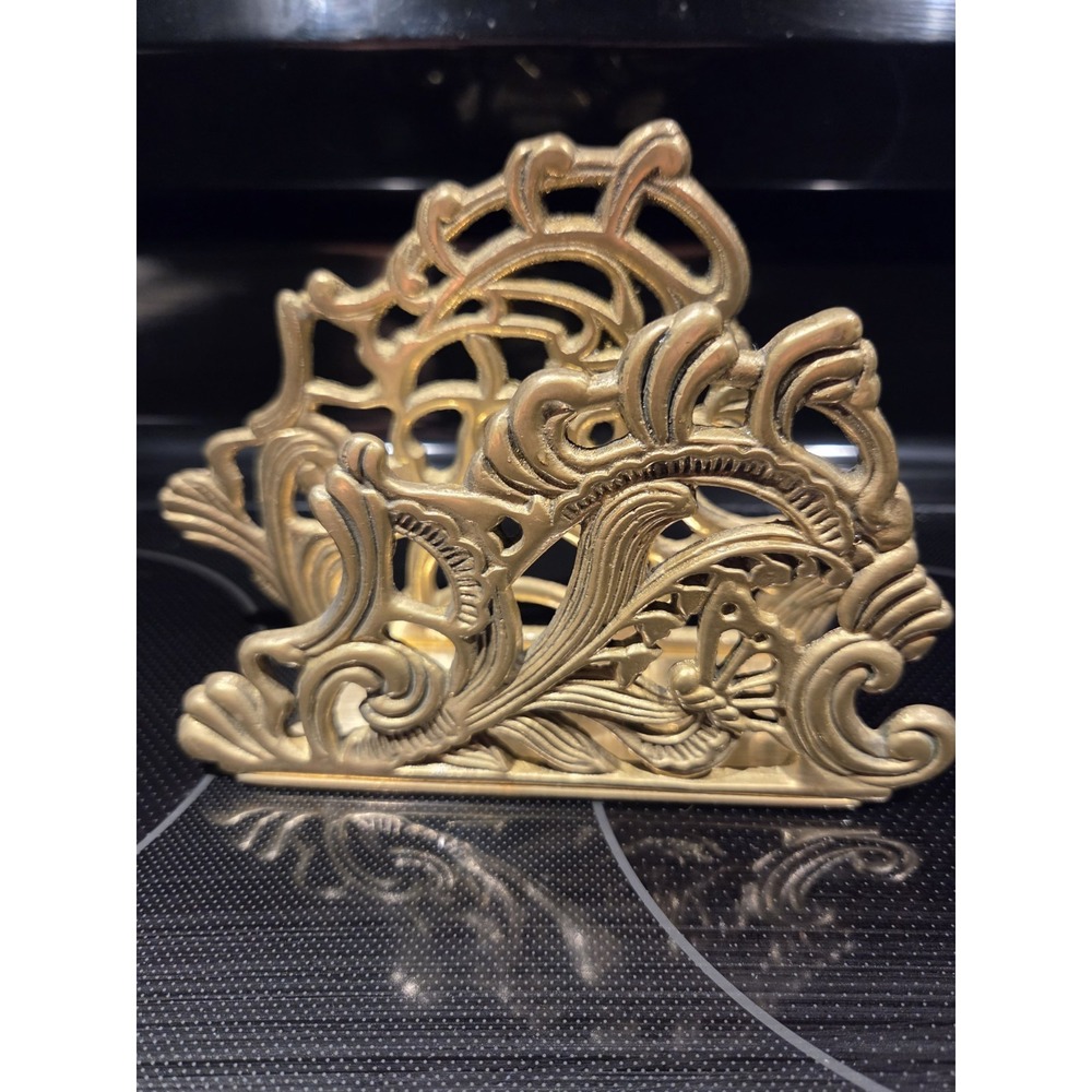 Vintage Teleflora Brass Napkin Letter Holder Ornate Floral Scroll Design